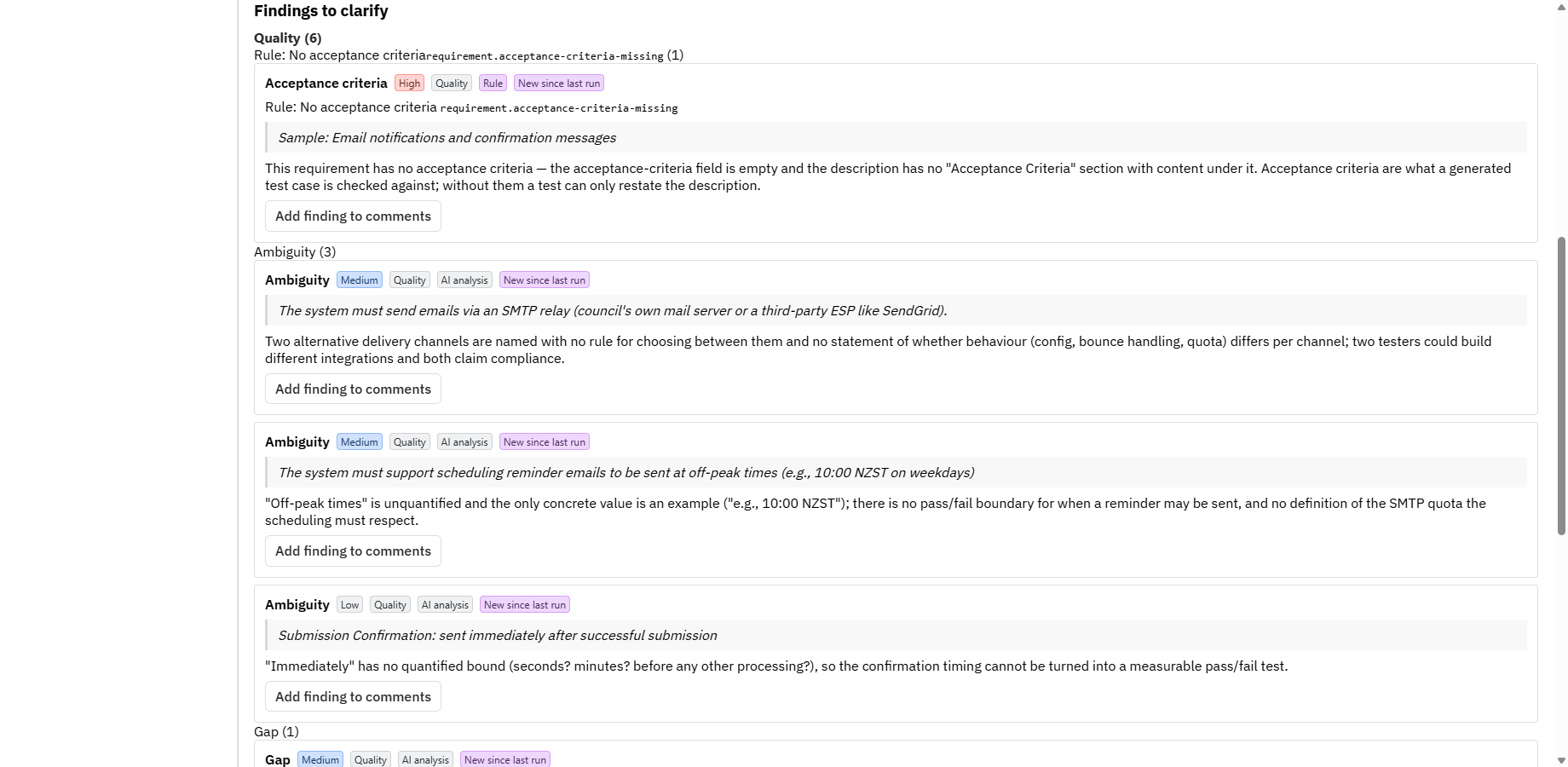Nexus requirement analysis showing quality findings beside a selected sample Jira requirement.