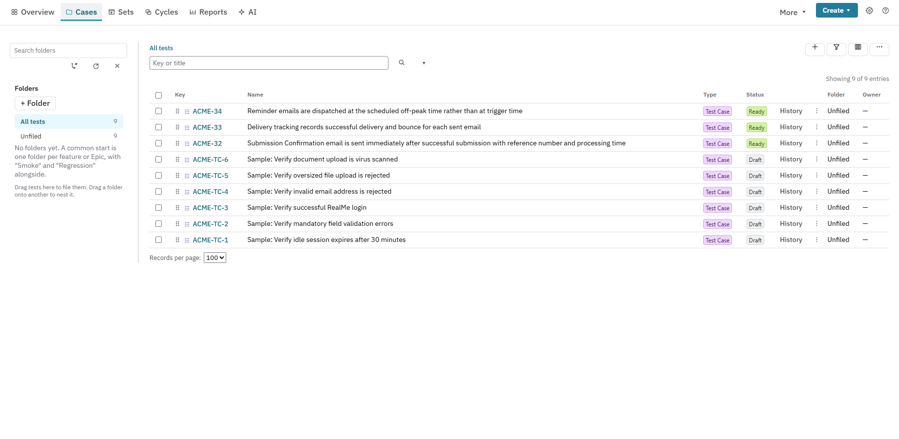 Nexus repository showing Jira test cases organised in repository folders