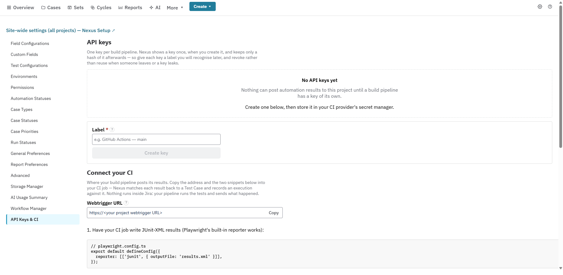 Nexus Project Settings CI page showing an API key, results endpoint and pipeline guidance