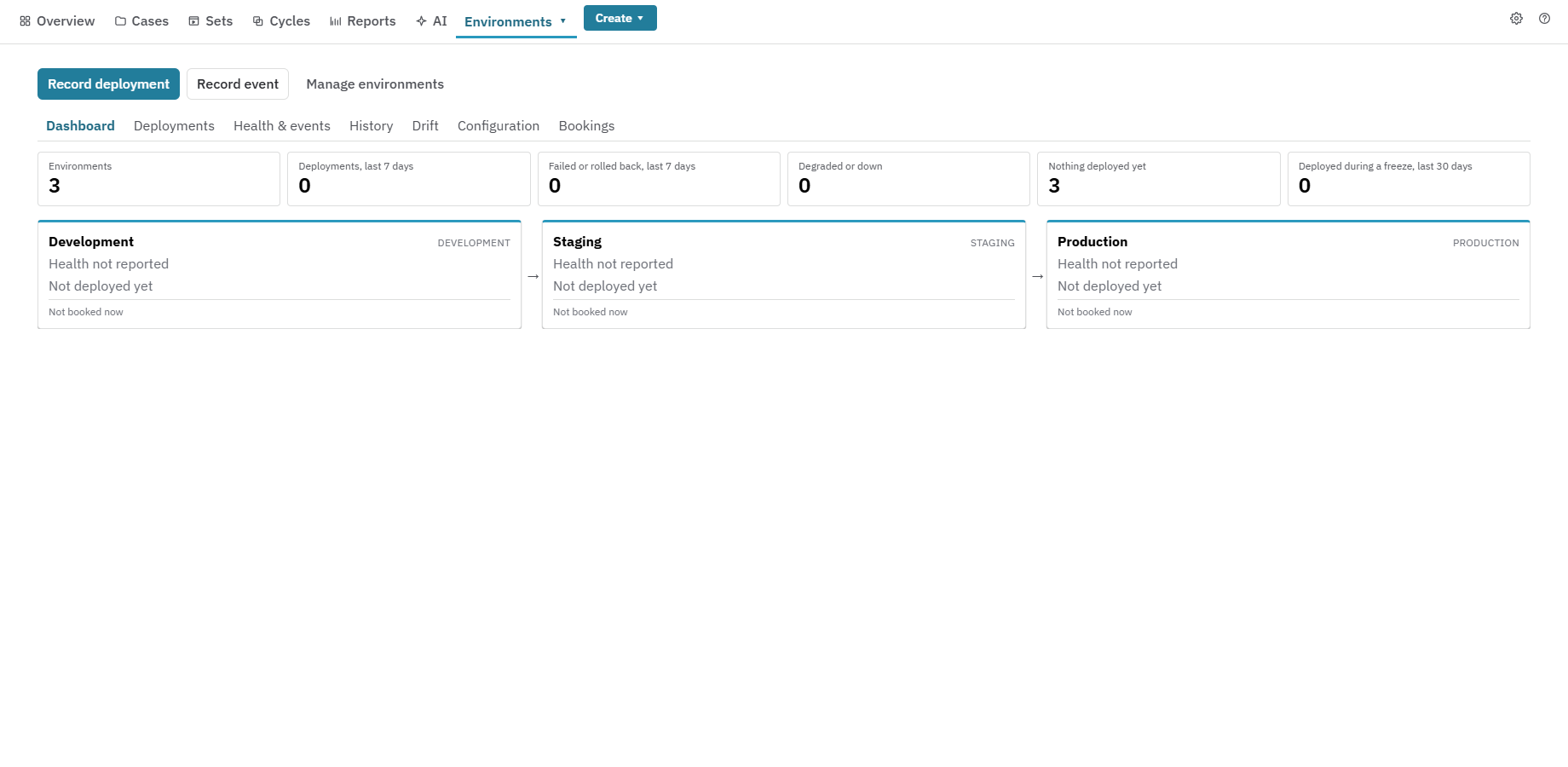 Nexus Environments page showing environments in promotion order with current deployment and health