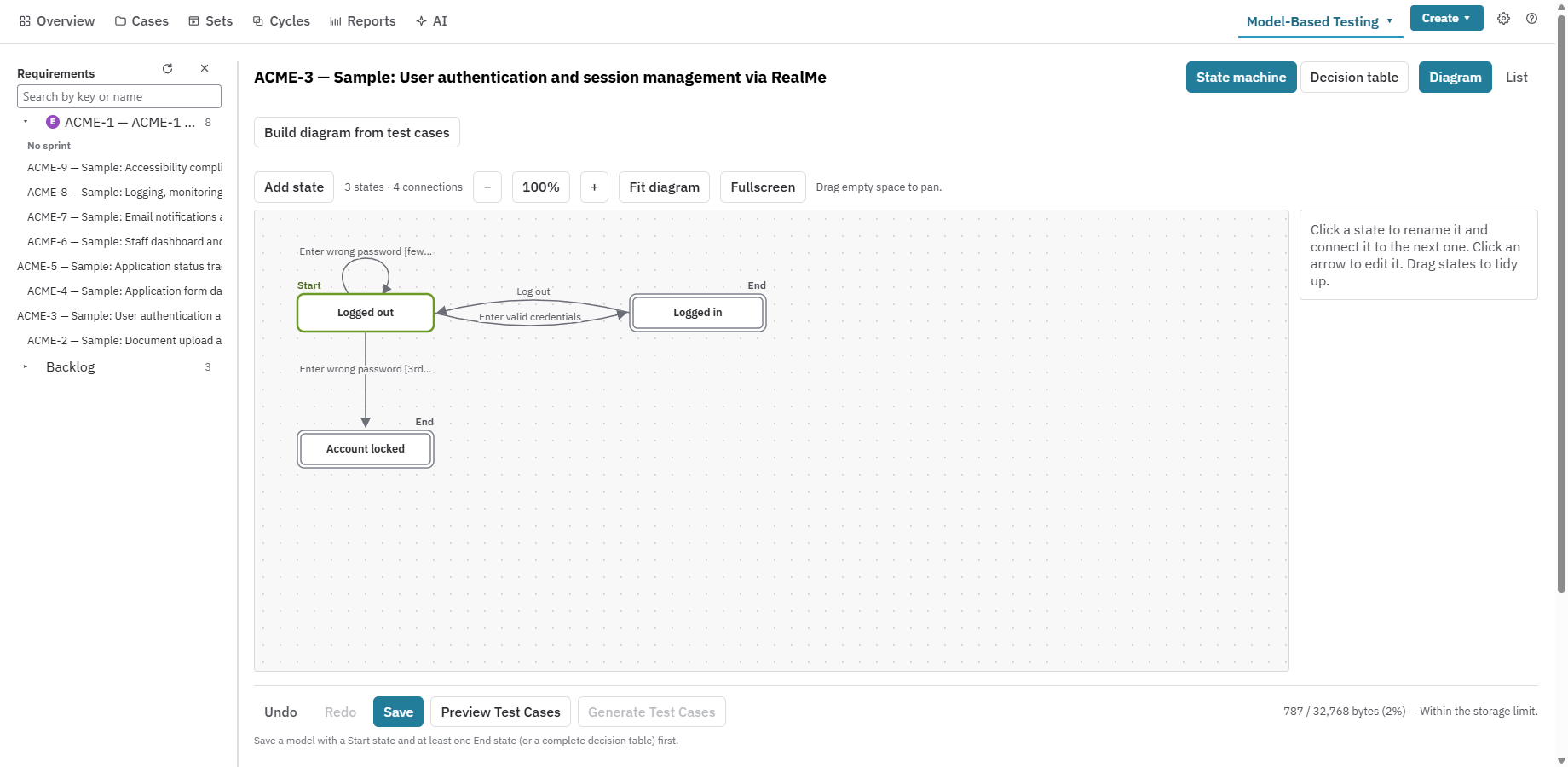 Nexus model-based testing editor with connected states and actions