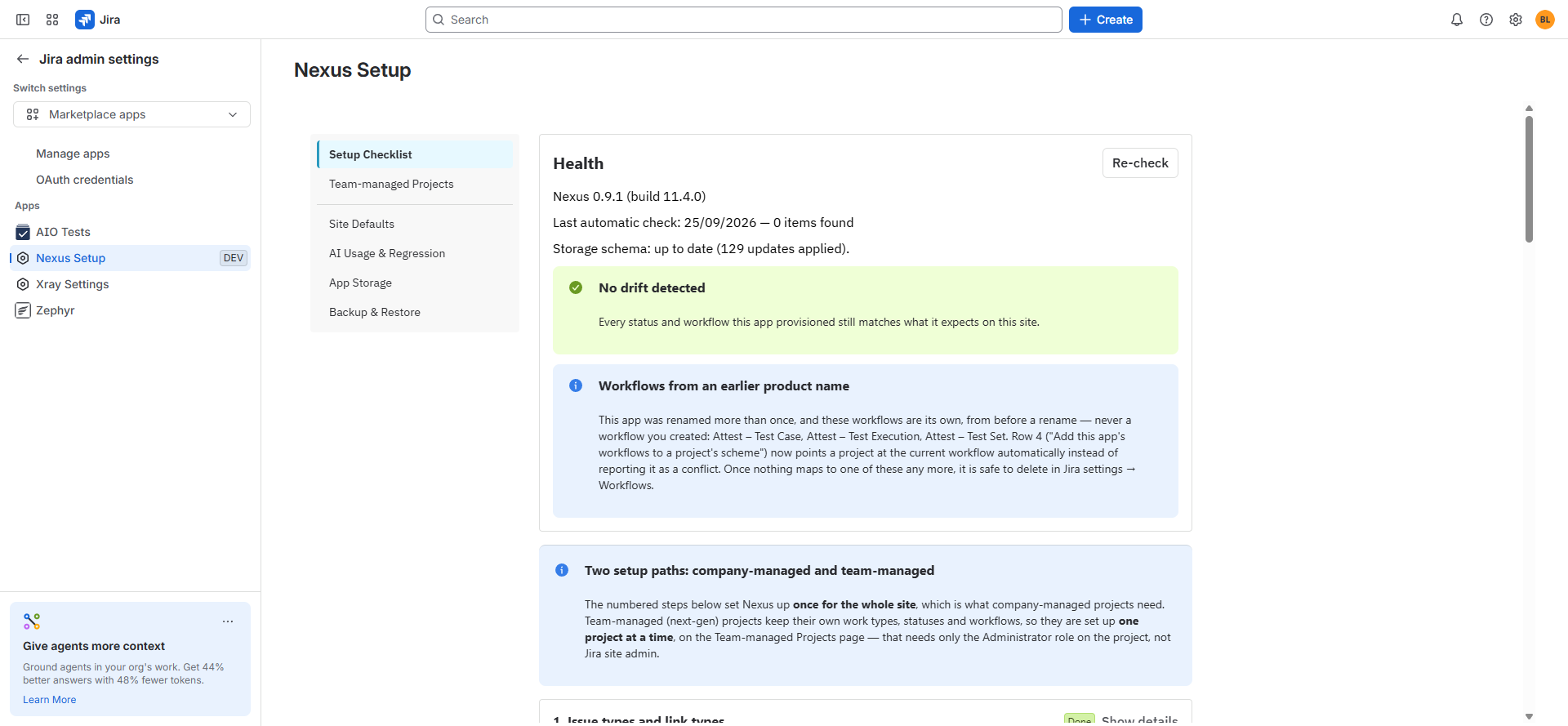 Nexus Setup health panel showing no drift detected and 129 storage updates applied