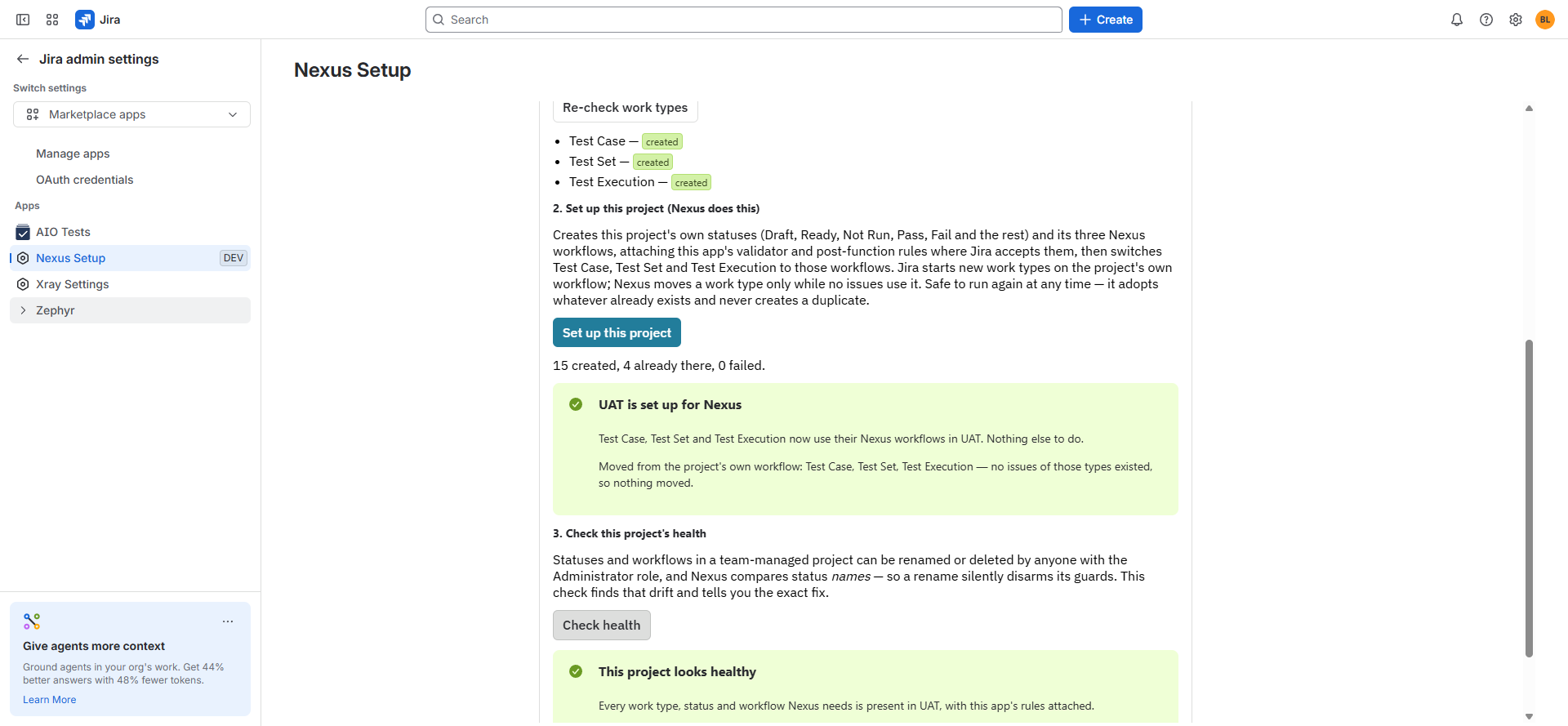 Nexus Setup health check showing a project configured correctly