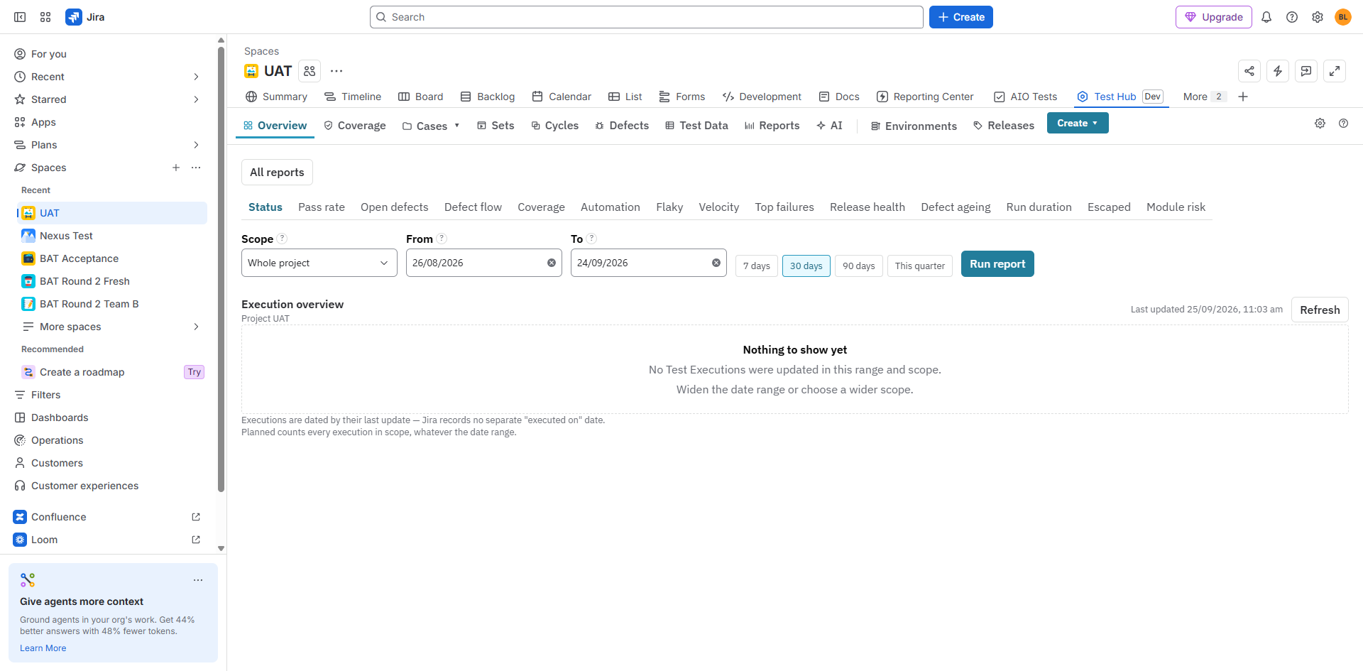 Nexus Test Hub open on a freshly provisioned project, showing the Overview, Cases, Sets, Cycles and Reports tabs
