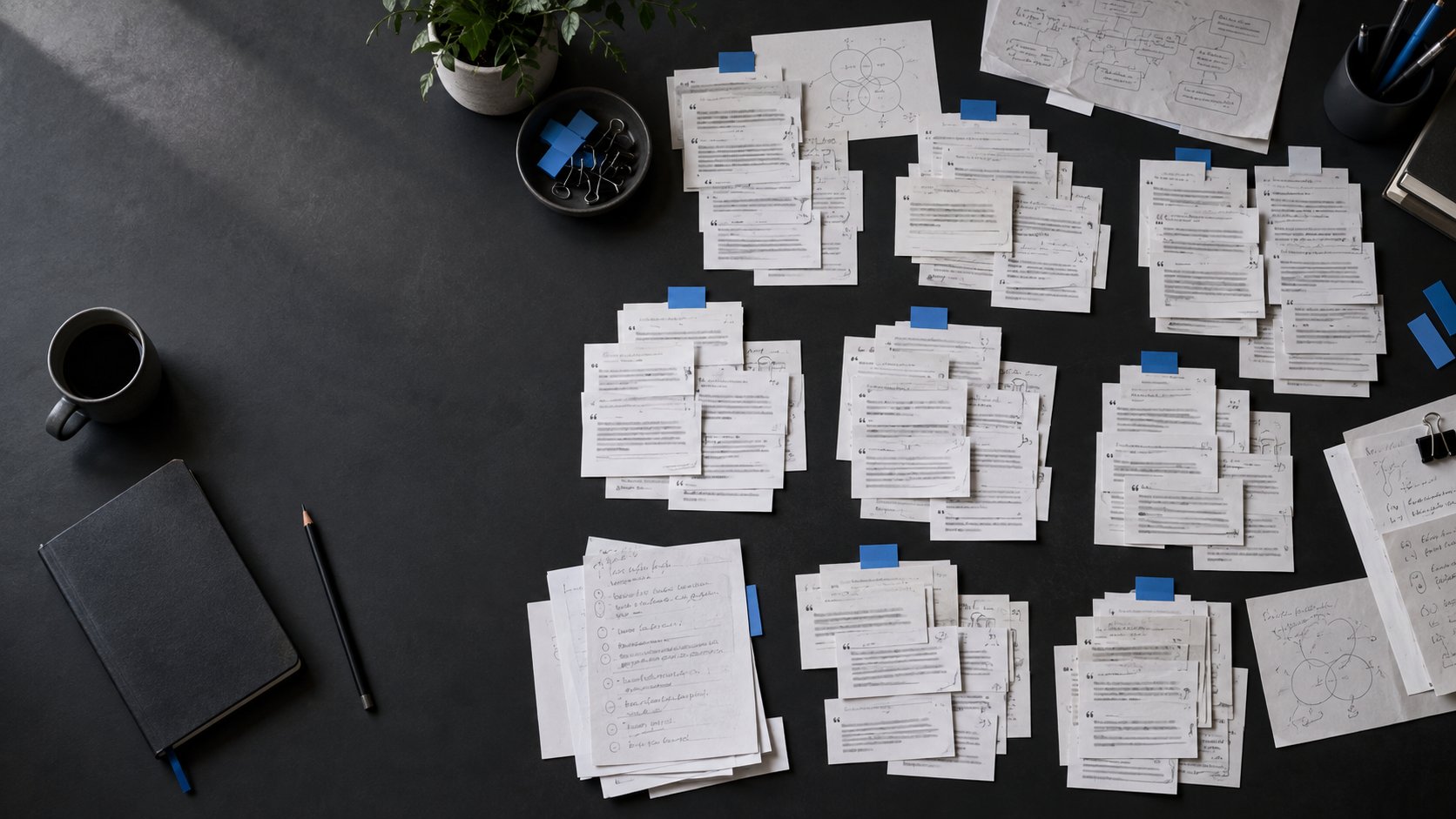An editorial research workspace with printed review notes arranged into thematic groups