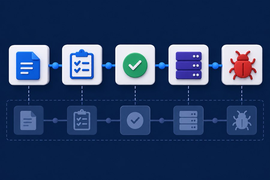 A connected evidence chain preserving requirements, tests, results, environments and defects
